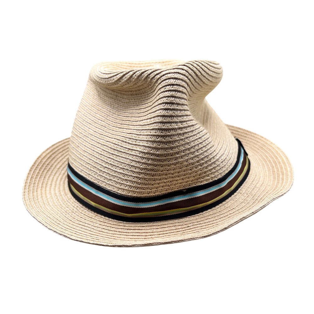 Marshall Field's Natural Fiber Straw Fedora Hat Striped Ribbon Band Beige OS